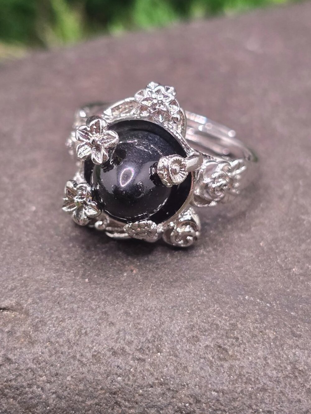 Rainbow Eye Obsidian Floral Adjustable Ring Size 6-10 Silver Tone Jewelry